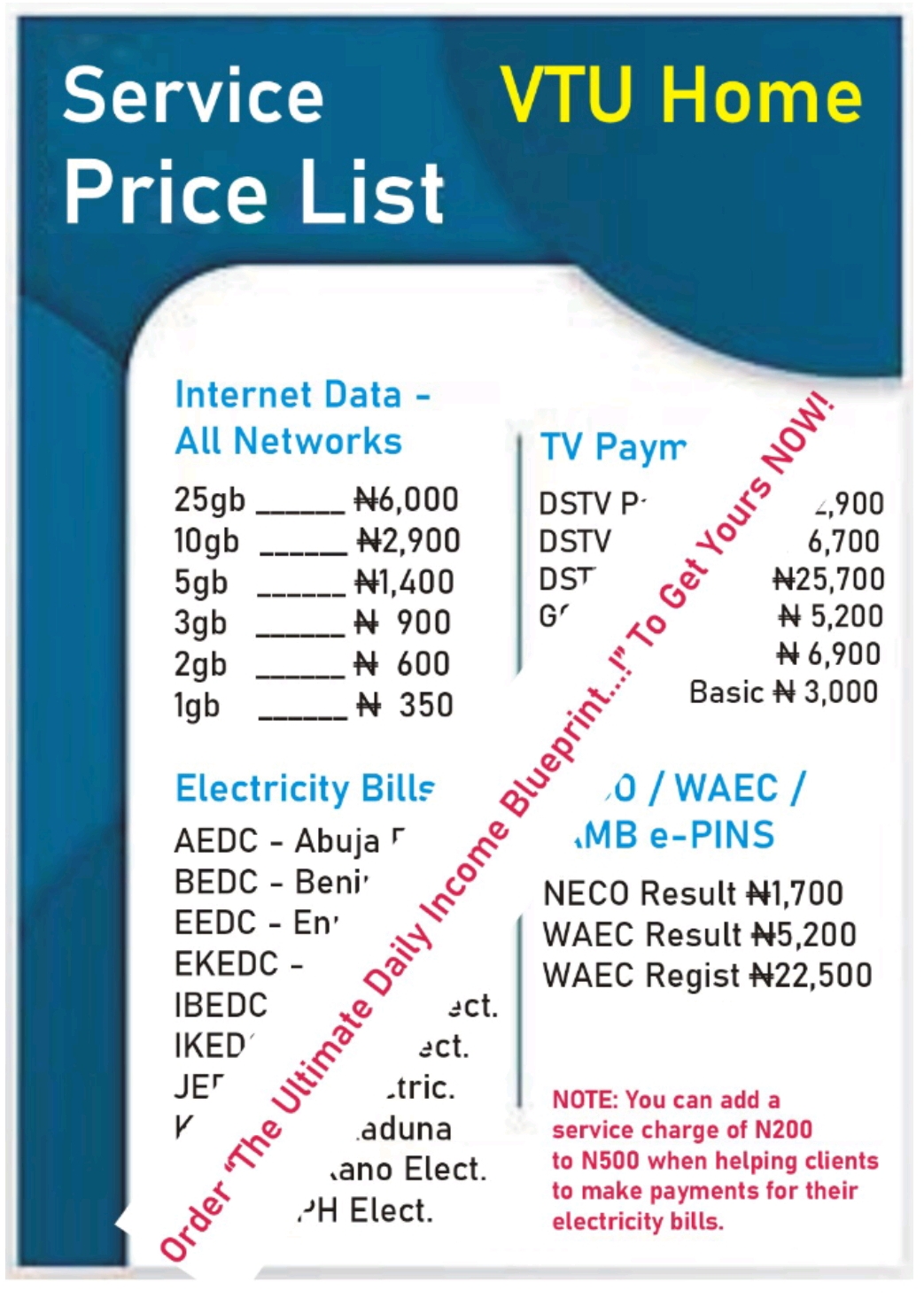 price list data cable tv dstv gotv startimes electricity jamb waec neco